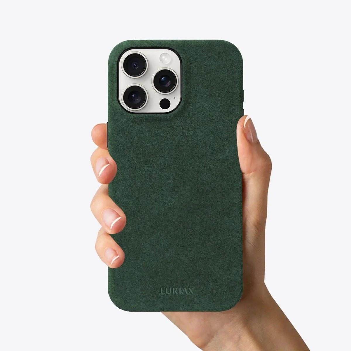 Luriax Signature Handcrafted Case iPhone 16 — British Racing Green — shown held in a hand