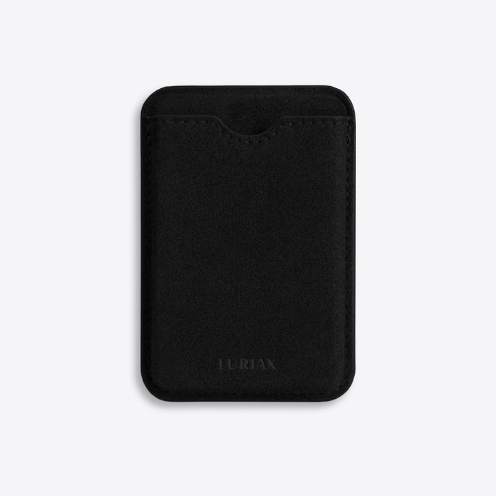 Luriax Alcantara MagSafe Wallet — Pure Black — front card-pocket view