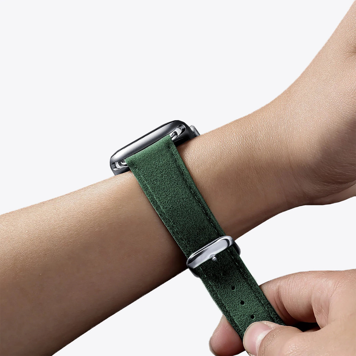 Luriax Classic Band Alcantara Apple Watch Band — British Racing Green — shown worn on wrist