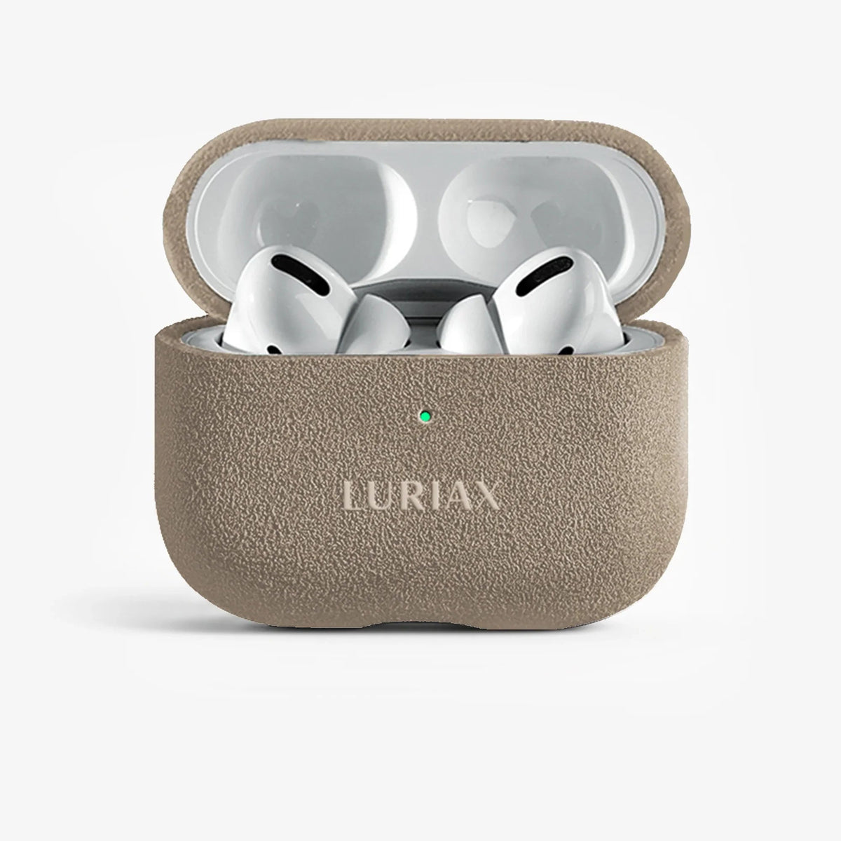 Luriax Alcantara AirPods Pro 2 / Pro 3 Case — Malibu Beige — open cover with earbuds shown
