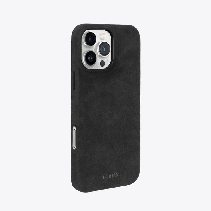 Luriax Signature Handcrafted Case iPhone 16 — Black Caviar — rear view and camera opening