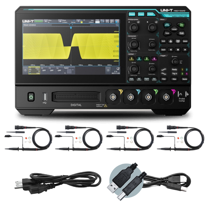 UNI-T MSO1154HD oscilloscope kit with four probes and connection cables