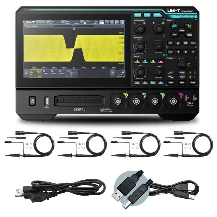 UNI-T MSO1154HD oscilloscope kit with four probes and connection cables