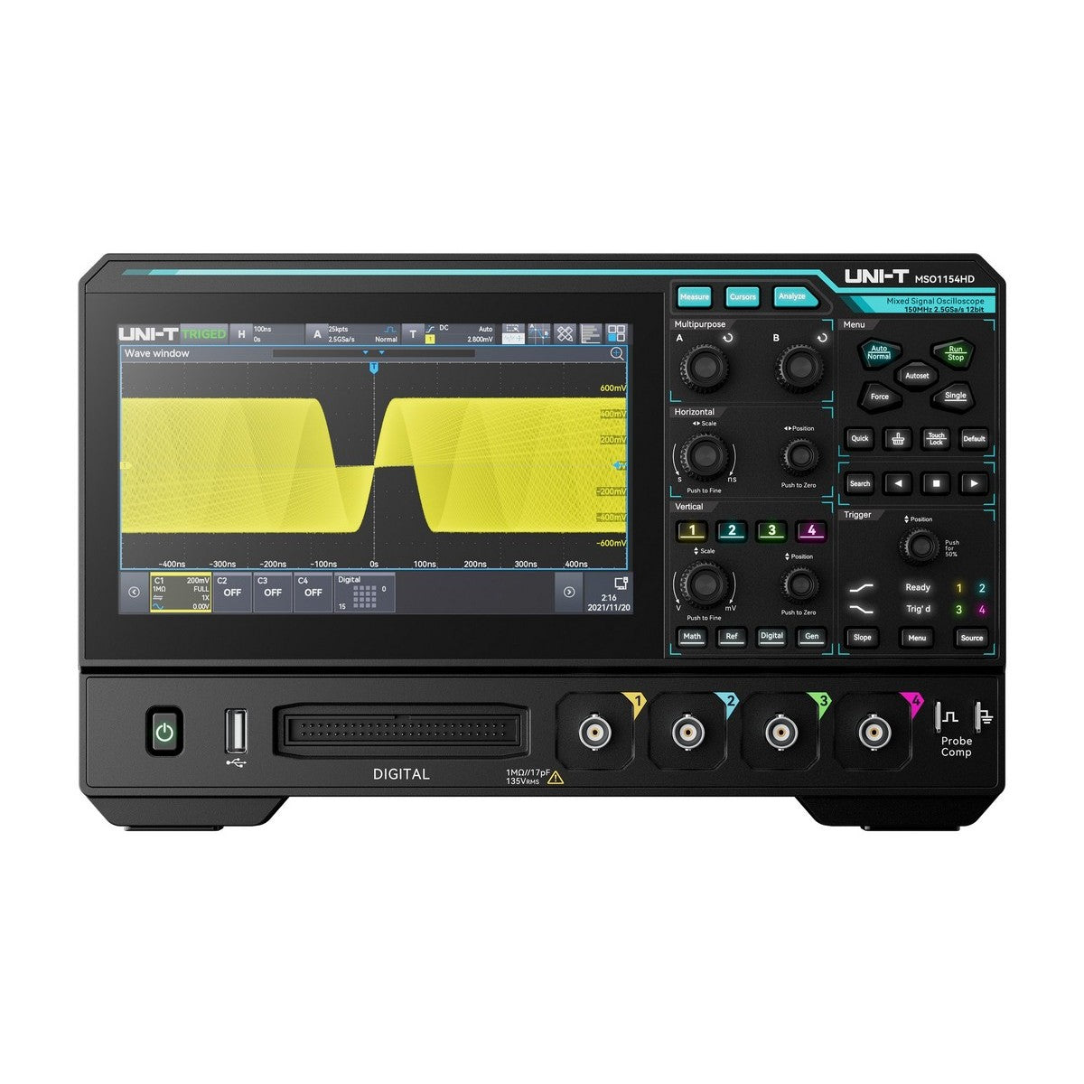 UNI-T MSO1154HD front view with four analog inputs