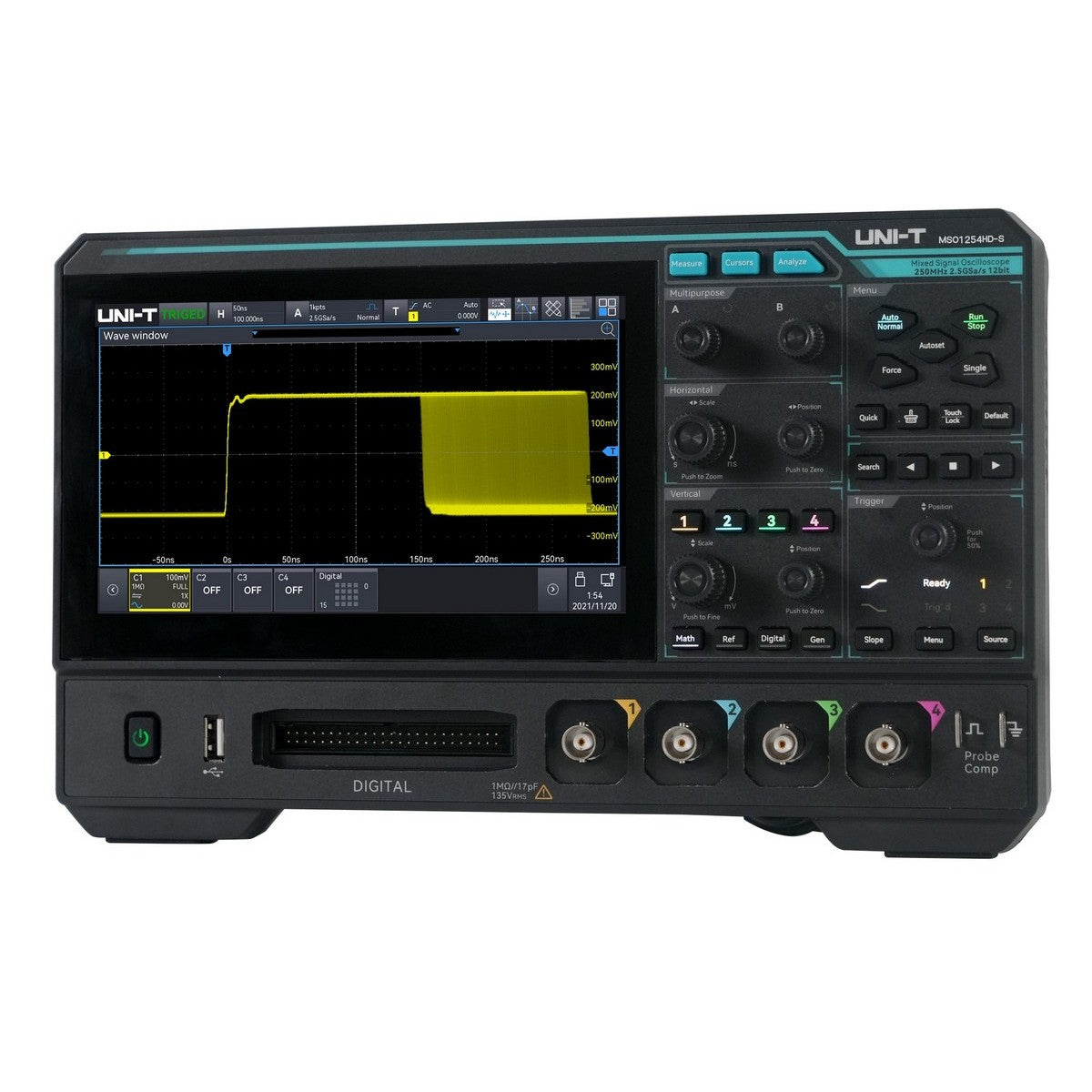Representative MSO1254HD-series oscilloscope front view; non-S listing has no generator