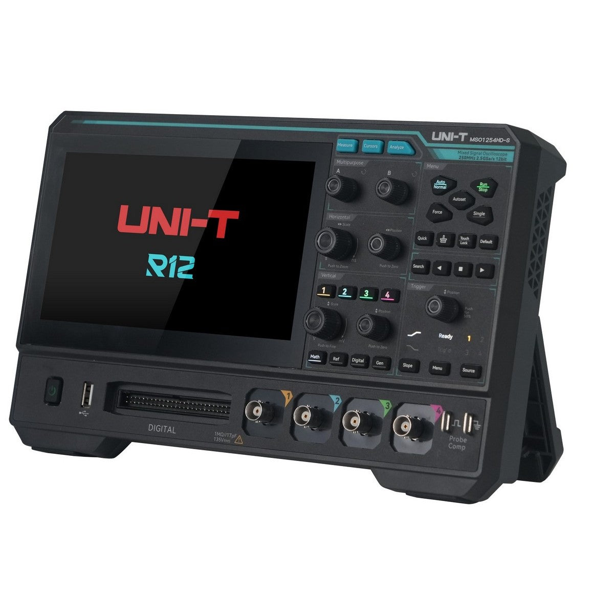 Representative MSO1254HD-series oscilloscope startup screen and controls