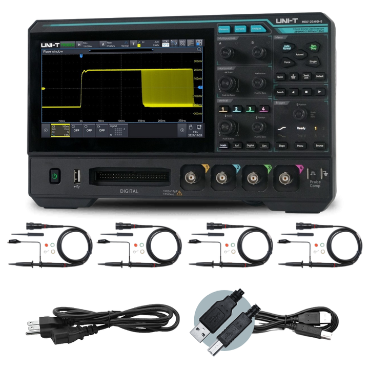 UNI-T MSO1254HD package with four passive probes and connection cables; shared family imagery