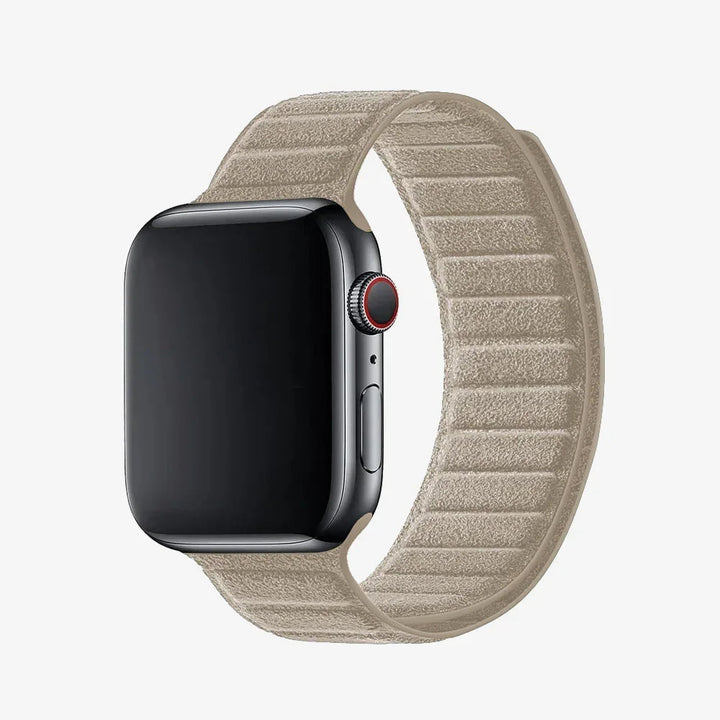 Luriax Magnetic Band Alcantara Apple Watch Band — Malibu Beige — shown attached to Apple Watch