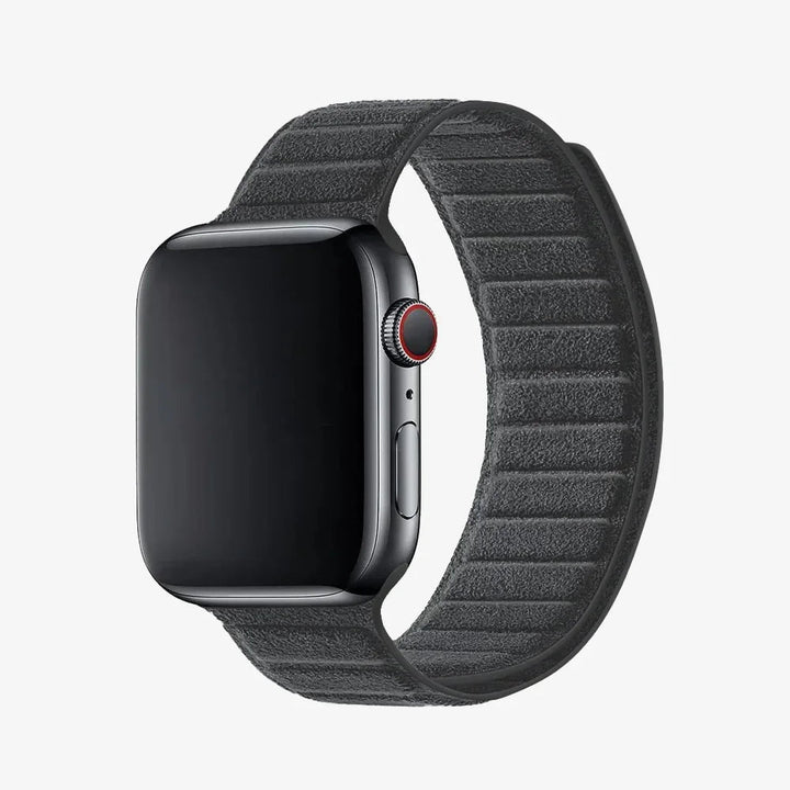 Luriax Magnetic Band Alcantara Apple Watch Band — Black Caviar — shown attached to Apple Watch