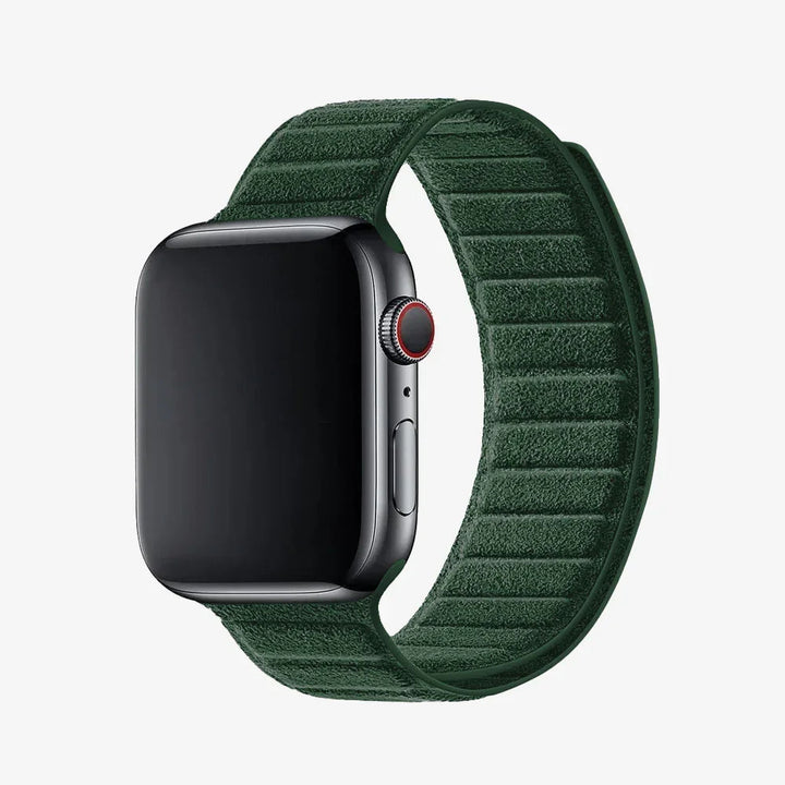 Luriax Magnetic Band Alcantara Apple Watch Band — British Racing Green — shown attached to Apple Watch