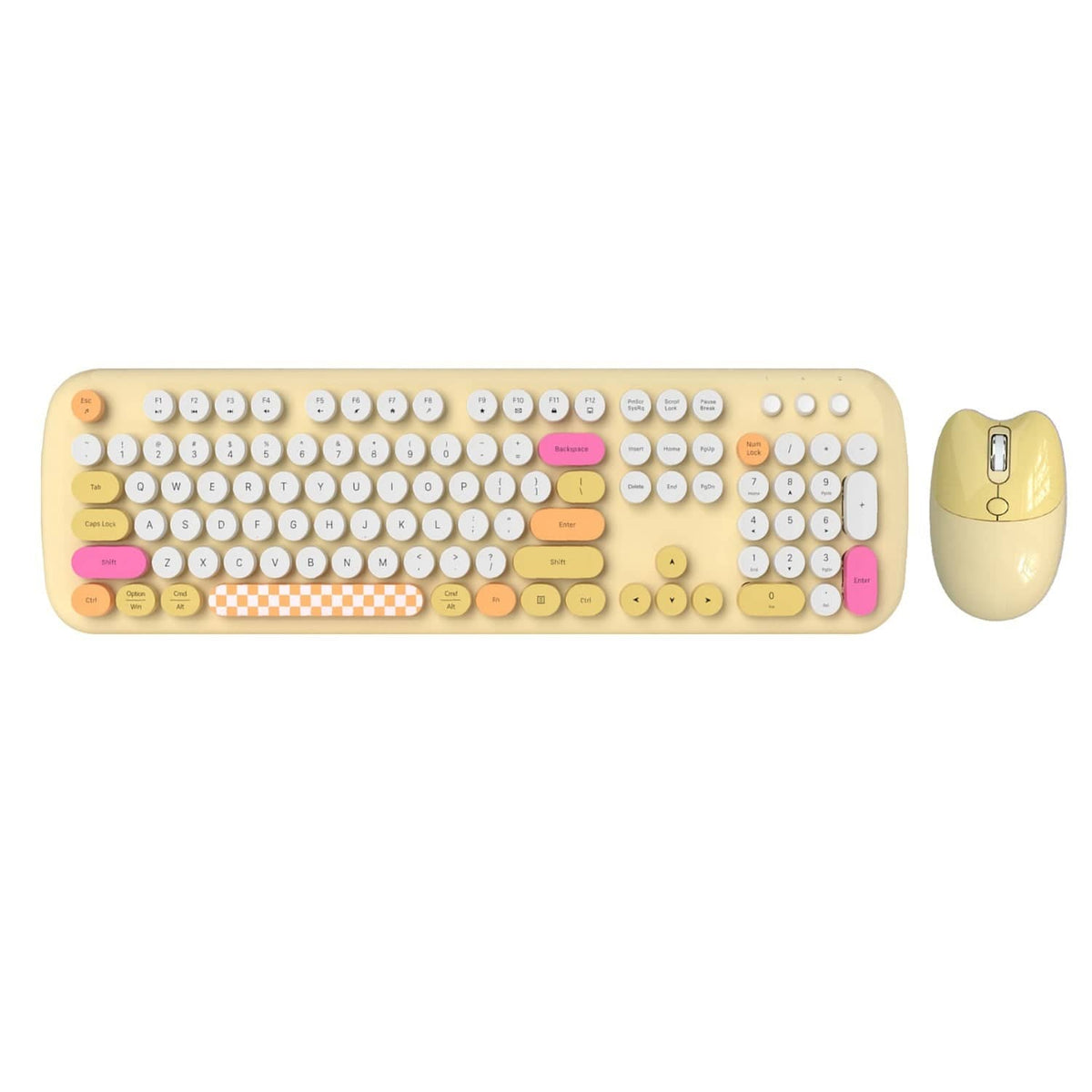 Yellow KB13 104-key keyboard and matching mouse viewed from above