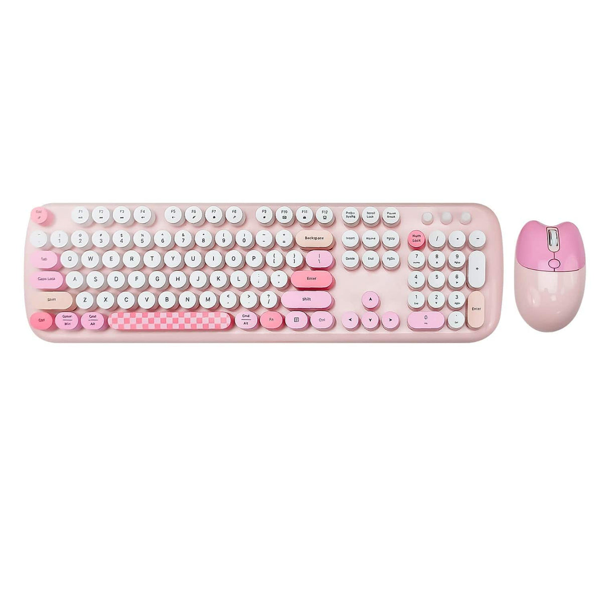 Pink KB10 104-key keyboard and matching mouse viewed from above