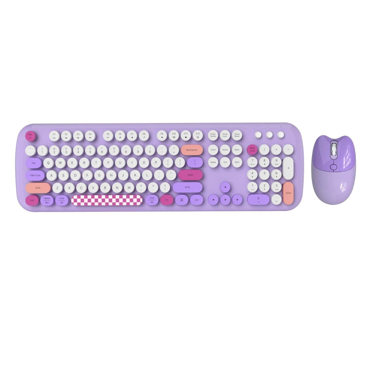 Purple KB12 104-key keyboard and matching mouse viewed from above