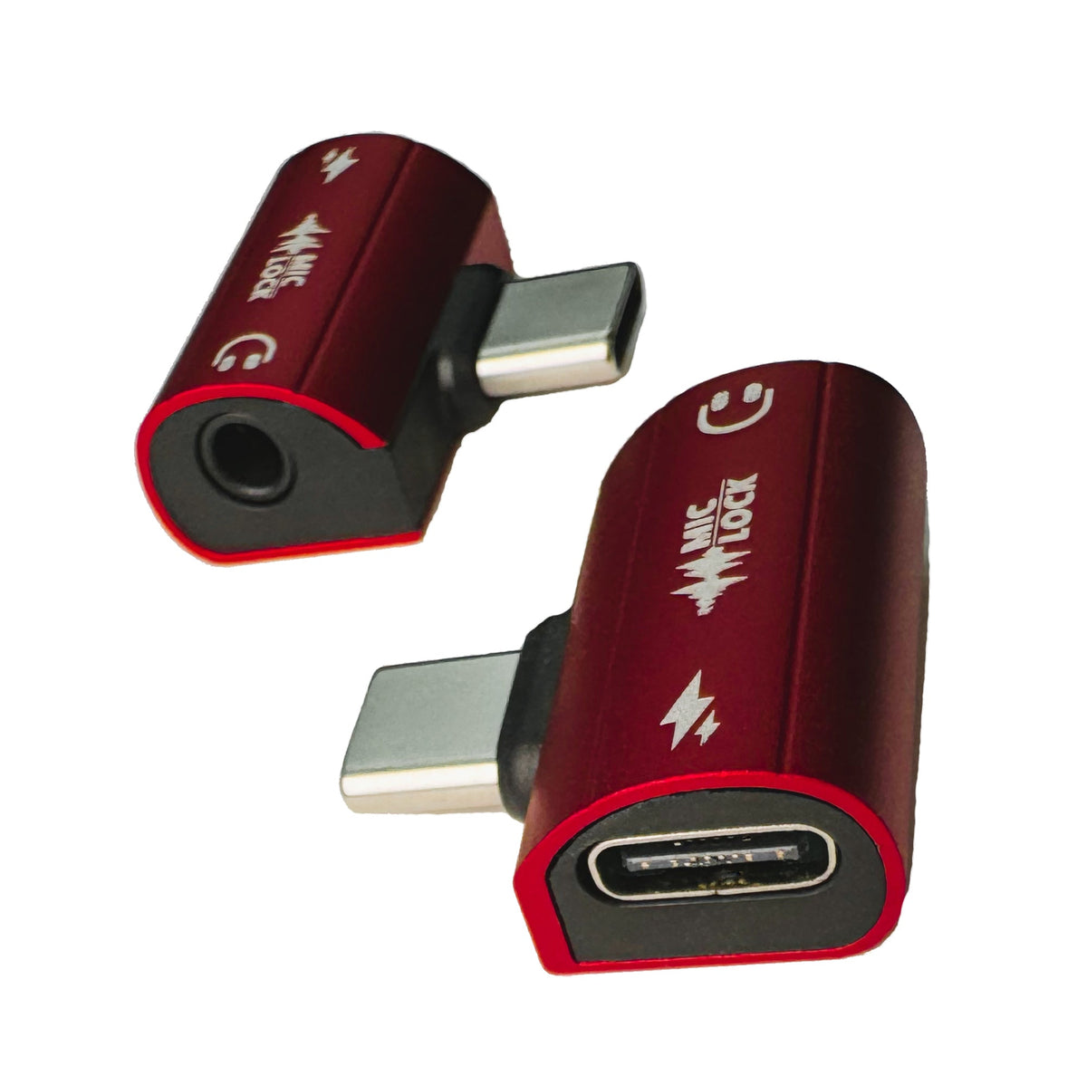 Mic-Lock Red HiFi adapter showing headphone and USB-C sockets
