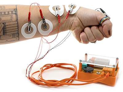 Human SpikerBox connected to forearm surface electrodes