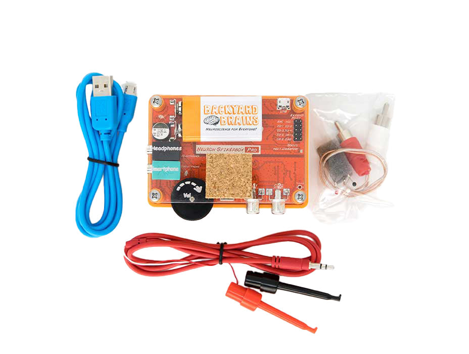 Neuron SpikerBox kit with recording electrodes and cables