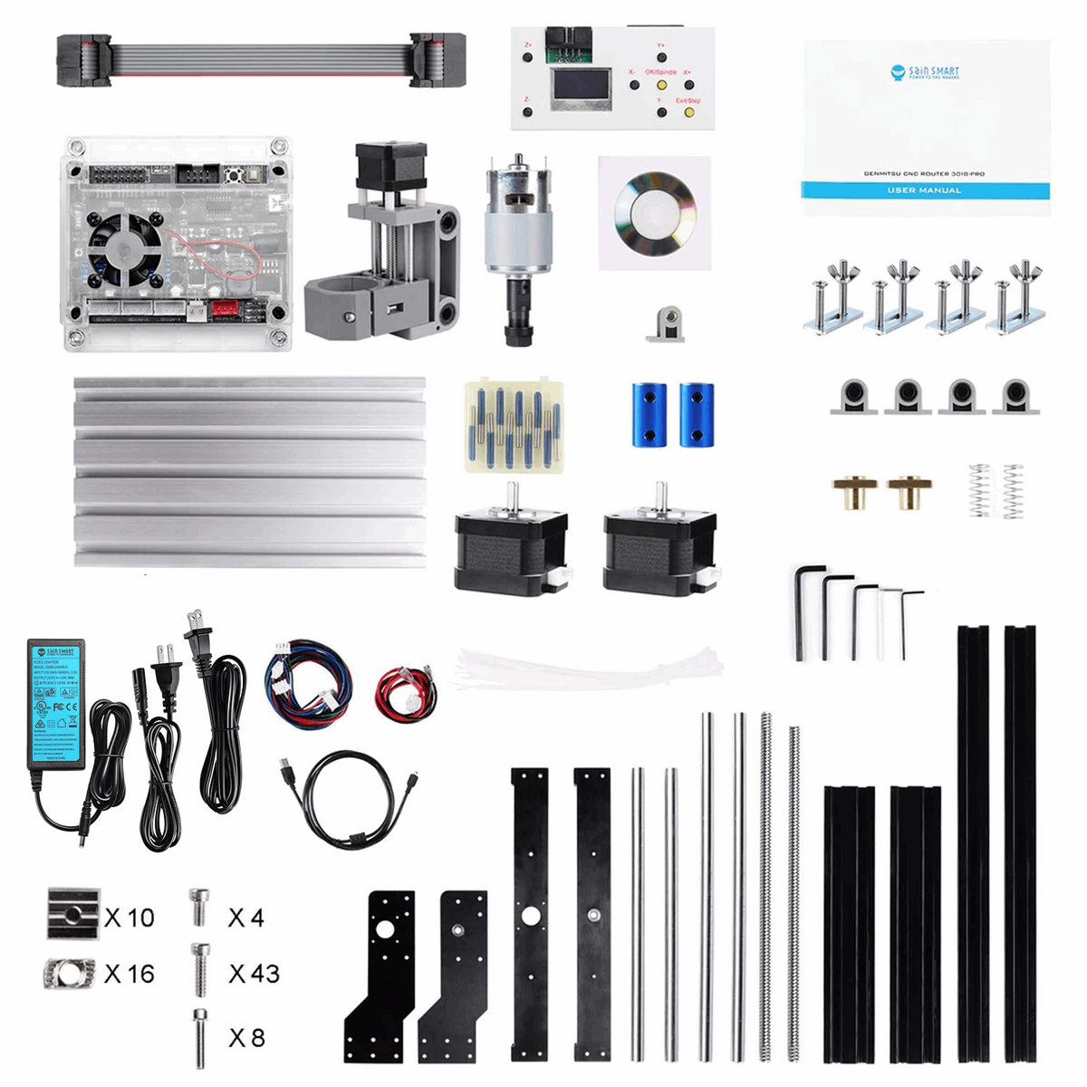 Genmitsu 3018-PRO kit components and tools laid out
