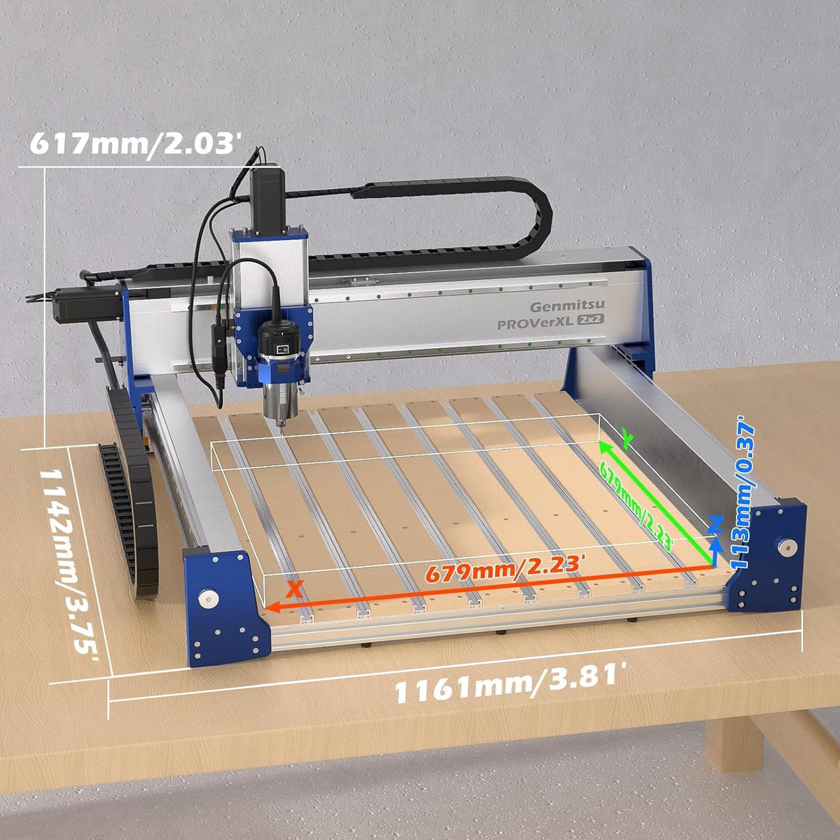 Genmitsu PROVerXL 2×2 CNC Router — 710W — overall dimensions and 679mm-square working area