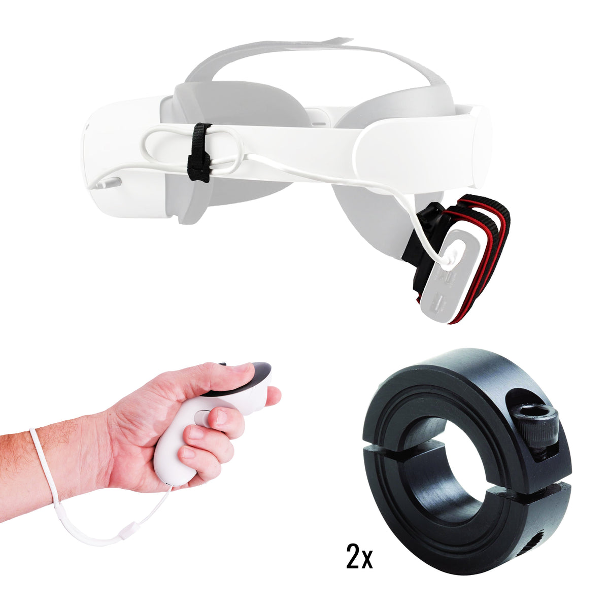 DeadEyeVR DriVR Pro Pack with two weights, wrist-strap and headset power-bank mount examples; headset, controller and power bank not included