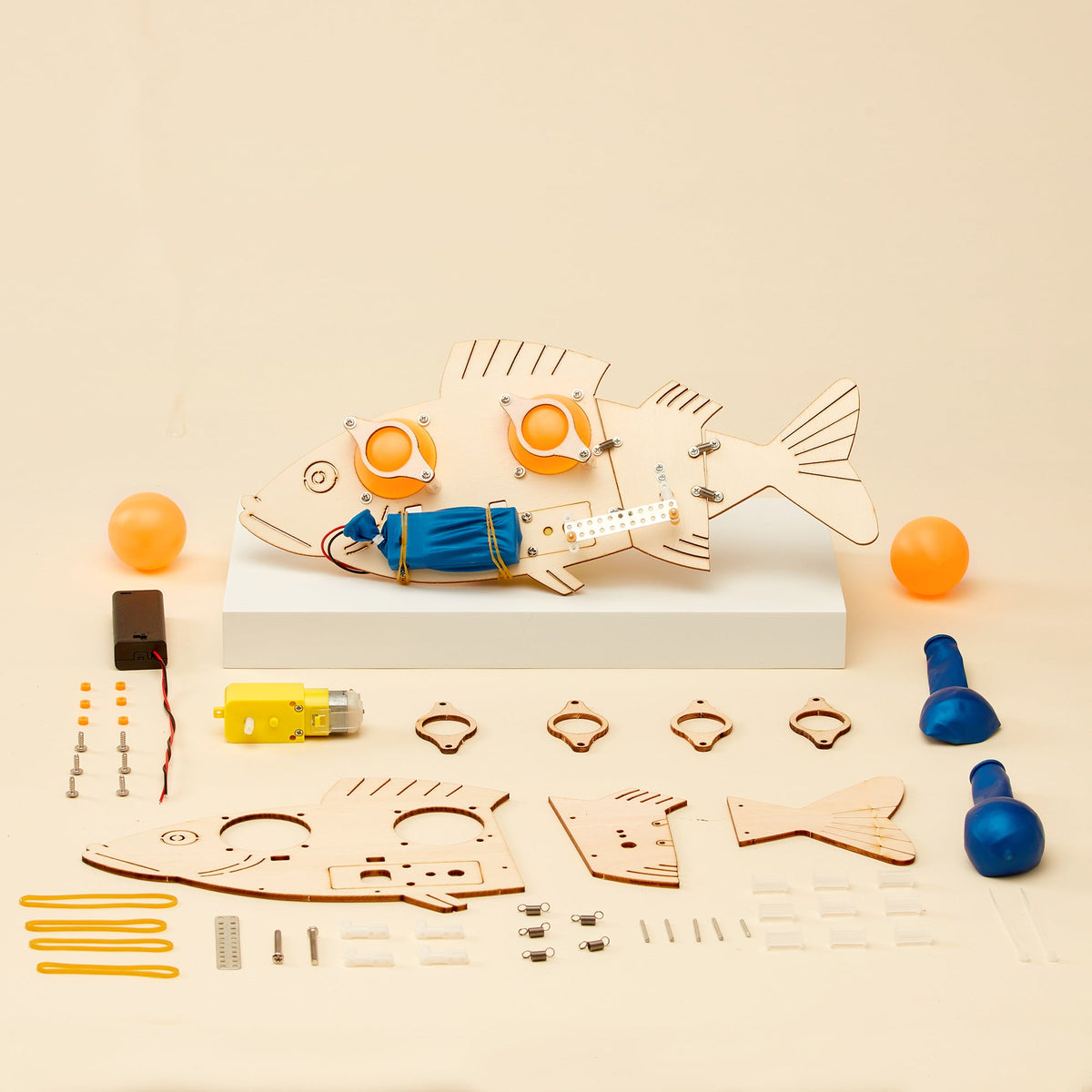 Kitsville ST021: Fish robot with parts laid out