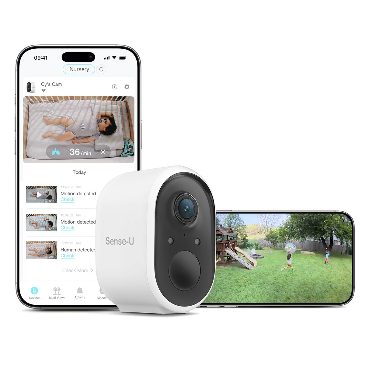 Sense-U Battery camera with indoor and outdoor app views