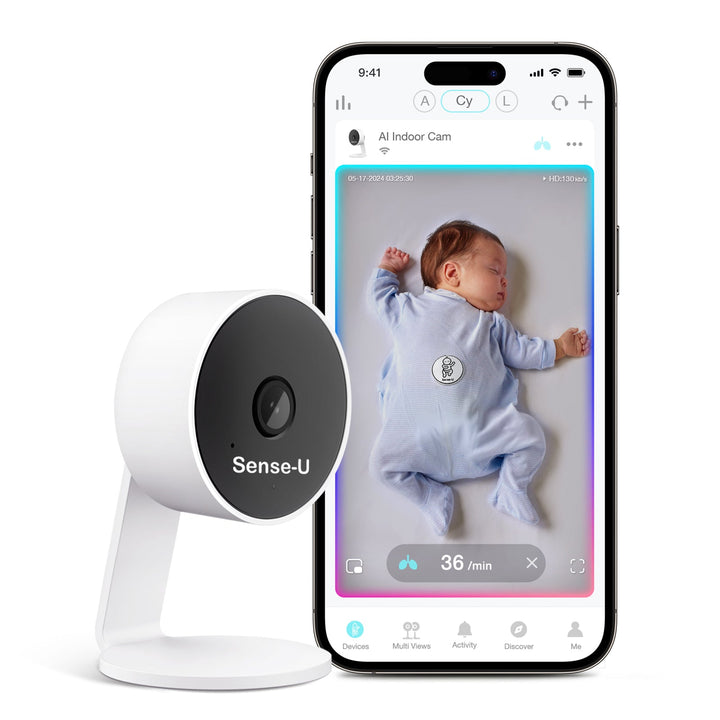 Sense-U Indoor camera beside phone showing app video