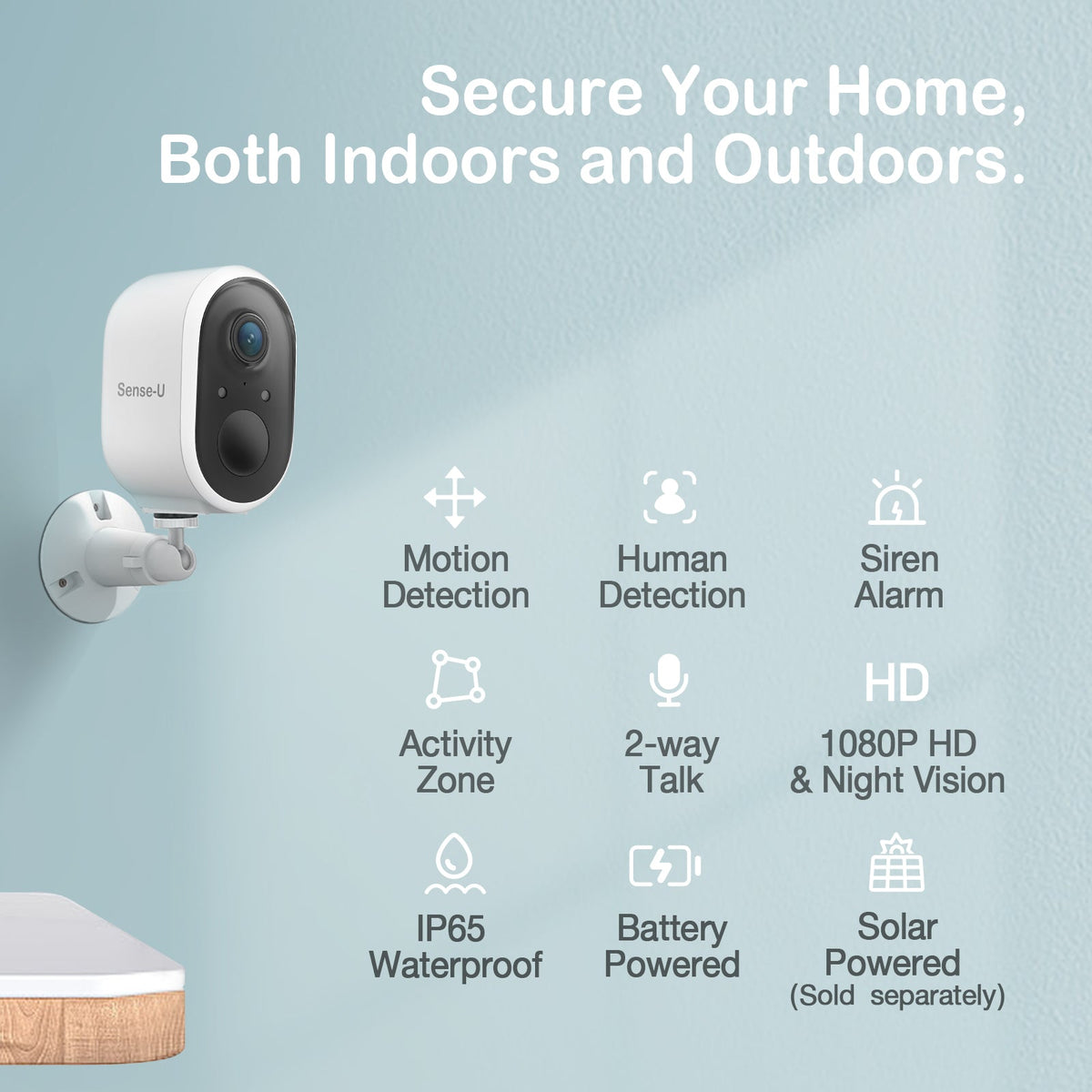 Sense-U Battery camera with optional solar panel feature overview
