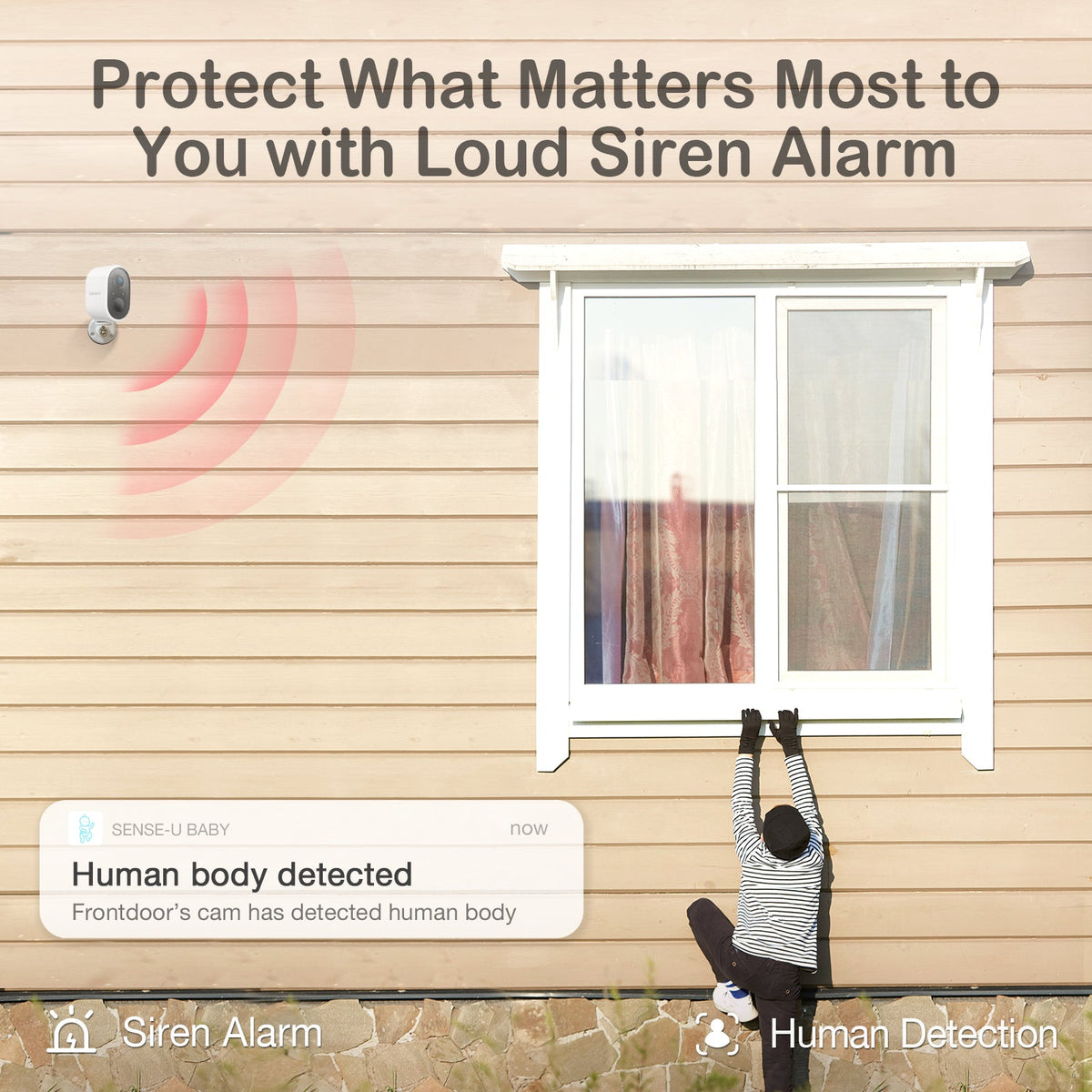 Sense-U Camera siren and motion detection illustration