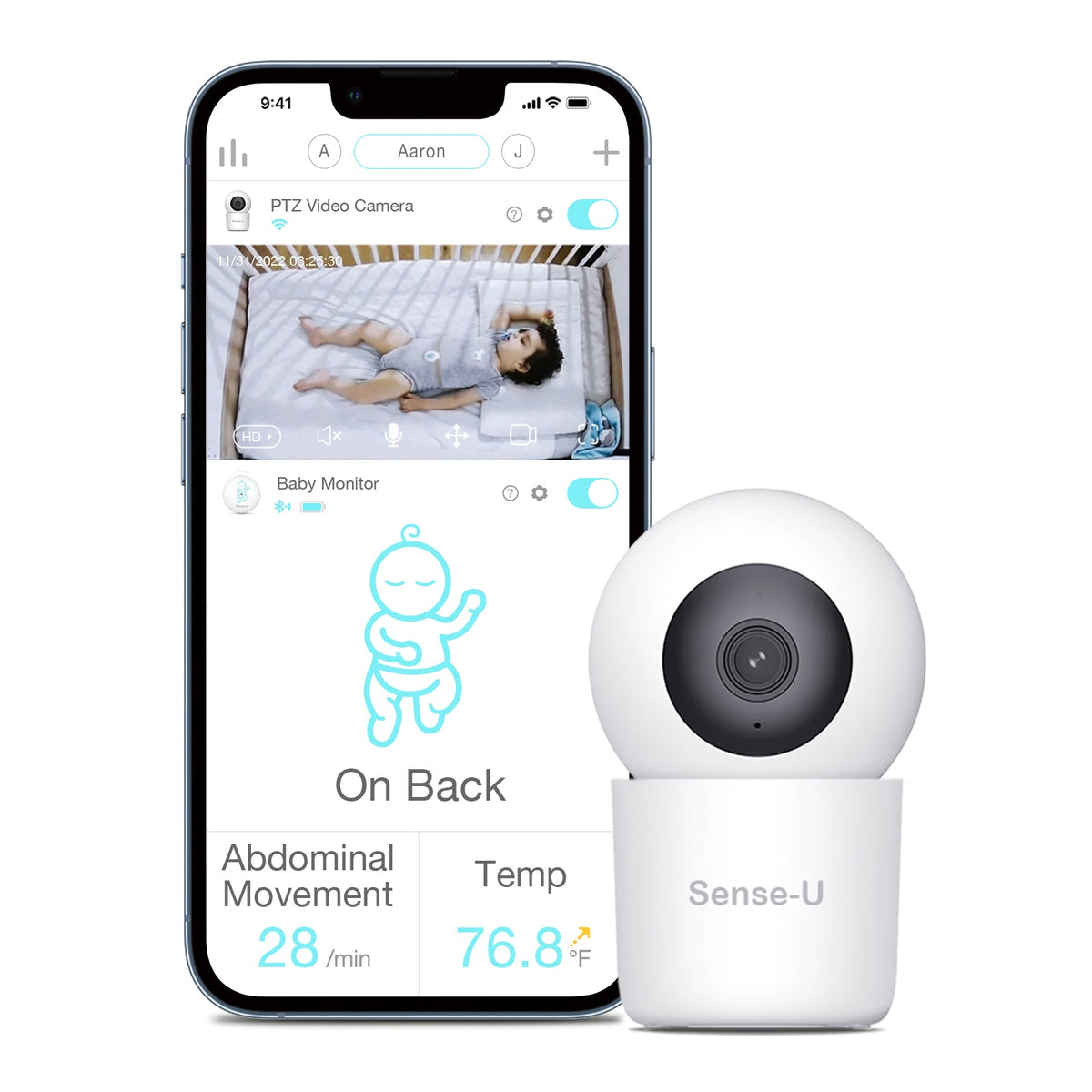 Sense-U Standard PTZ camera beside app with separate wearable data
