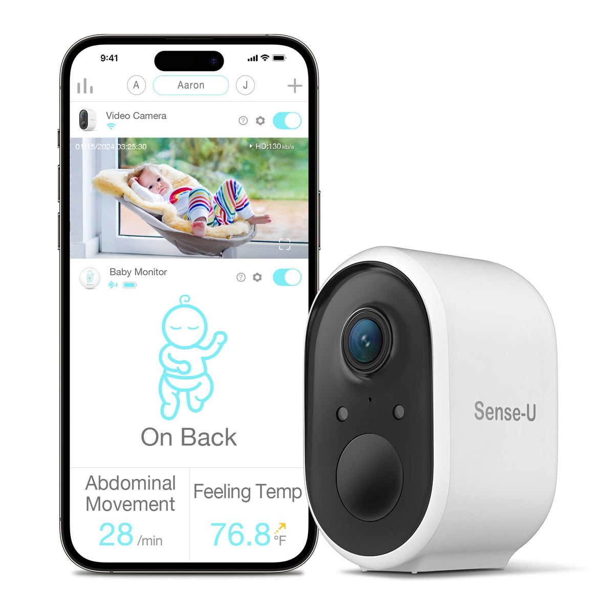 Sense-U Standard battery camera beside app with separate wearable data