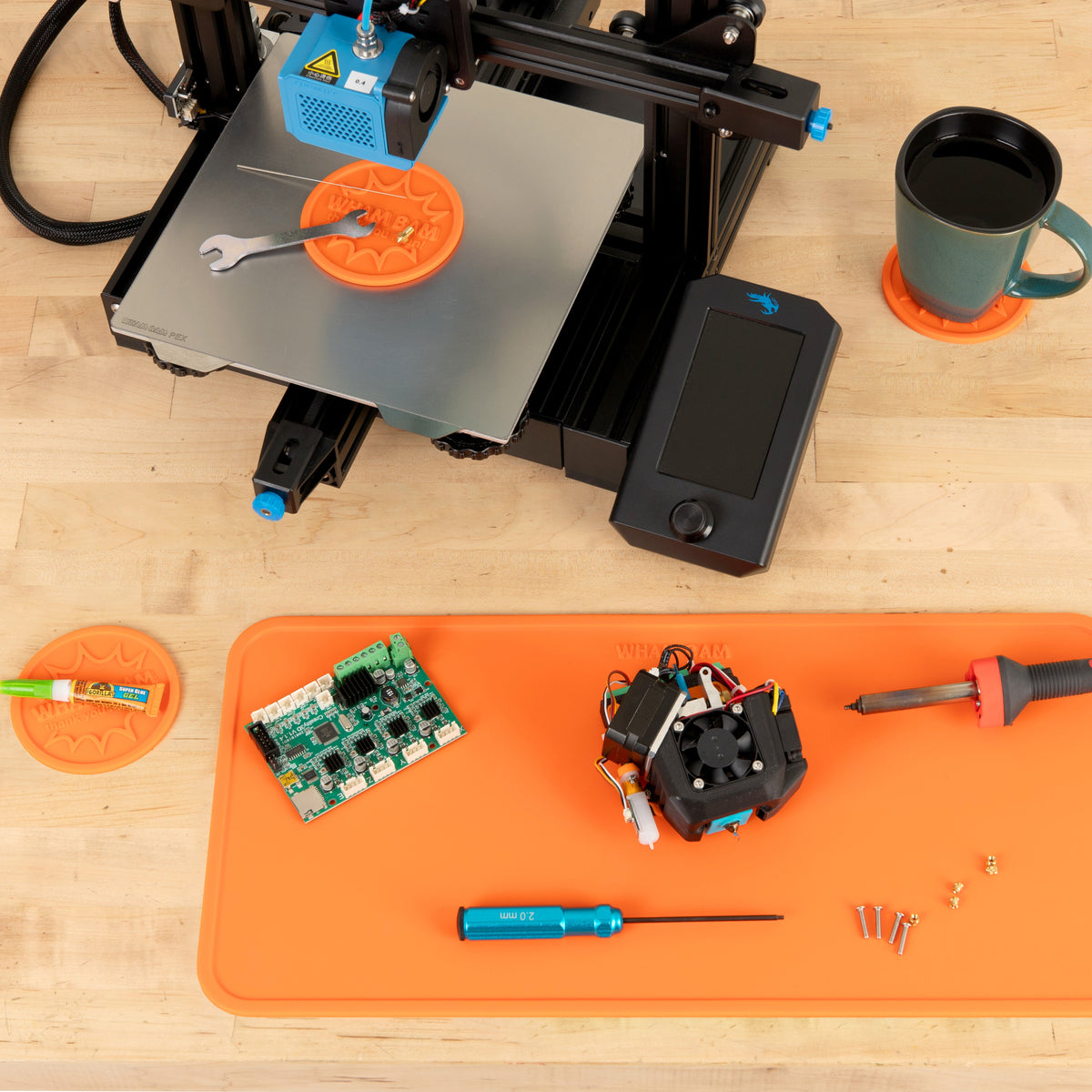 Mega SLAP MAT beneath example electronics and printer parts