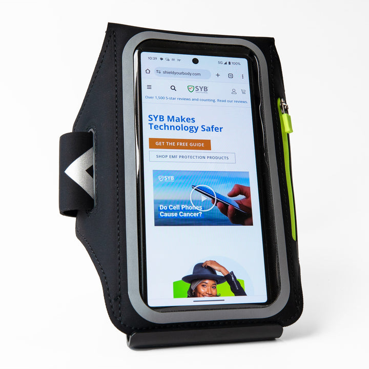 Black SYB Arm Band Phone Pouch with phone behind clear window