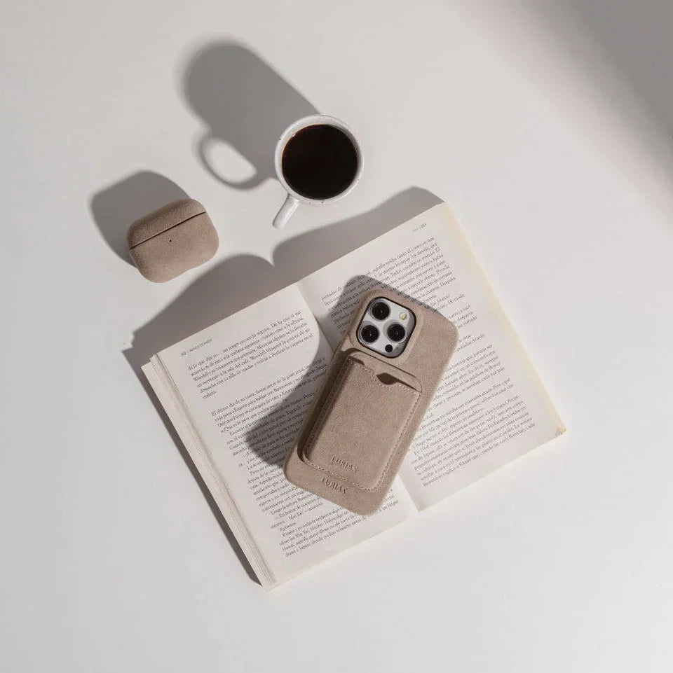 Luriax Alcantara AirPods Pro 2 / Pro 3 Case — Malibu Beige — accessory arrangement