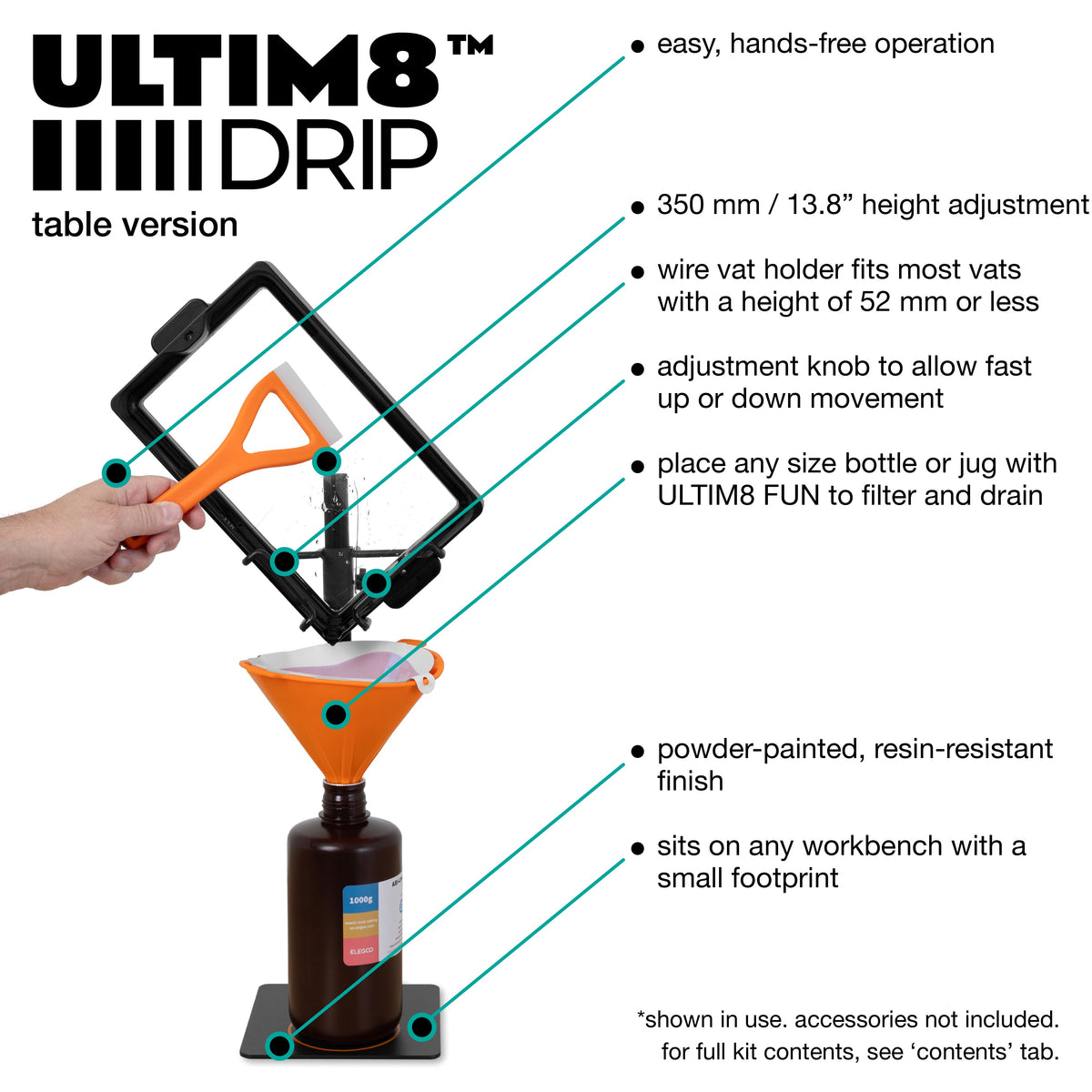 ULTIM8 DRIP tabletop feature diagram