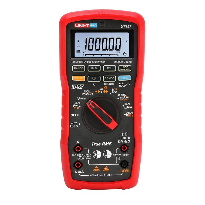 Front view of the UNI-T UT197 Bluetooth multimeter with display, selector and input terminals