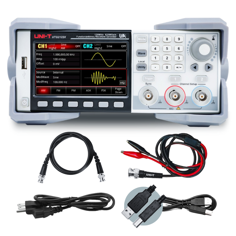 UNI-T UTG2062X waveform generator shown with USB, power and signal cables