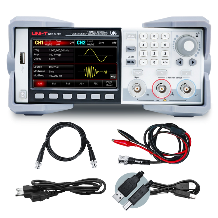 UNI-T UTG2000X series waveform generator with supplied power, USB and signal cables