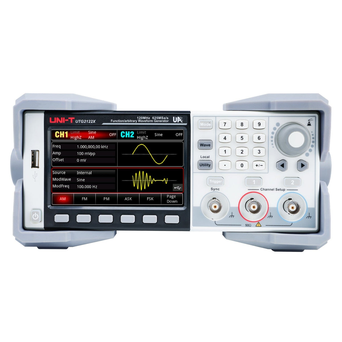 UNI-T UTG2062X front touchscreen, keypad, rotary control and output terminals