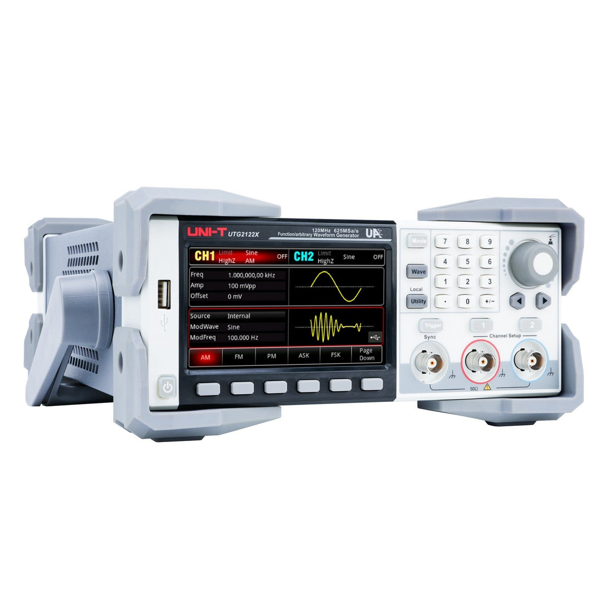 UNI-T UTG2062X angled front view with display and two output channels