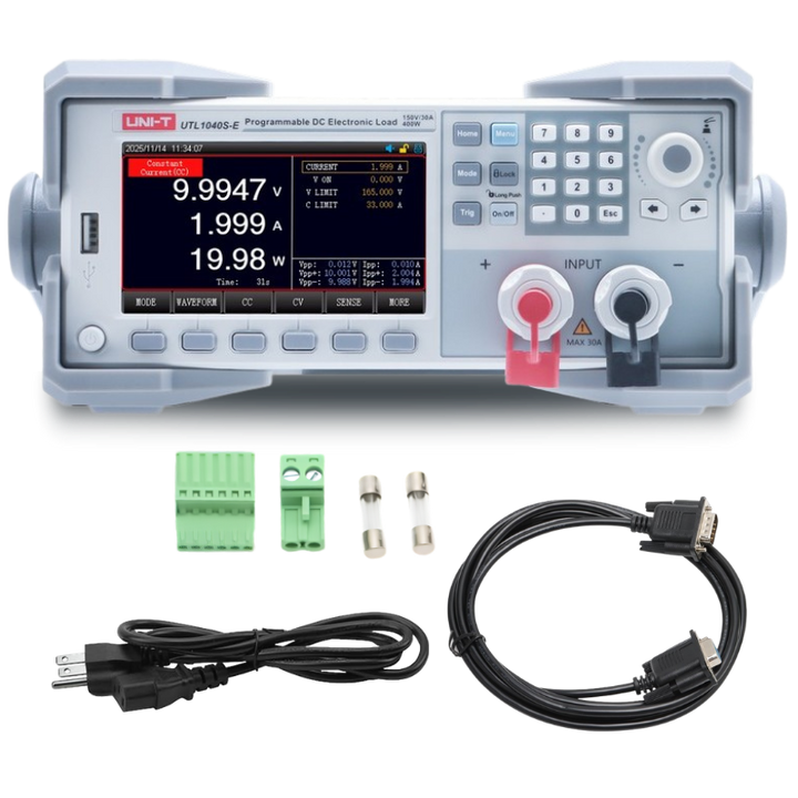 UNI-T UTL1000S series electronic load with power cord, communication cable, terminal blocks and spare fuses; representative family image