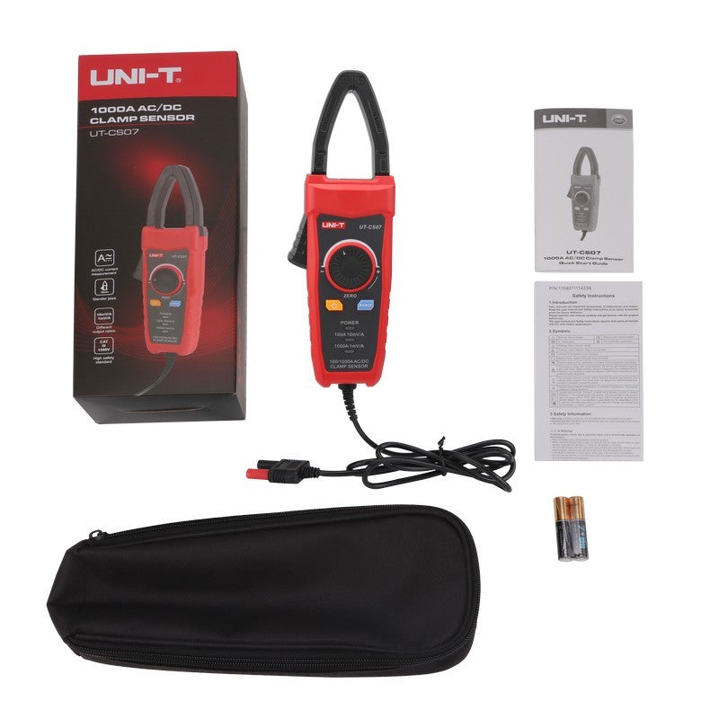 UNI-T UT-CS07 pictured with packaging, documentation, batteries and carrying case