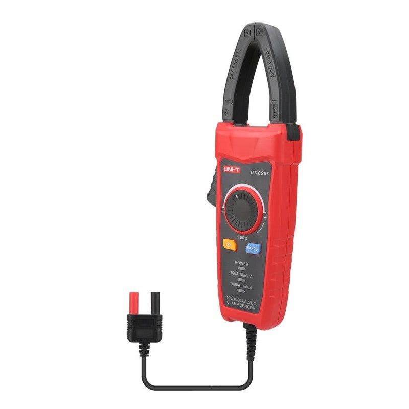 Angled view of the UNI-T UT-CS07 current probe and connector
