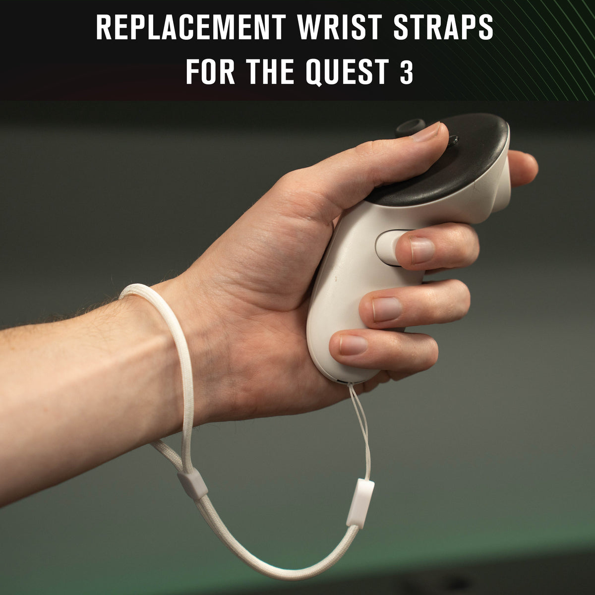 DeadEyeVR white wrist strap shown attached to a Meta Quest 3 controller; controller not included