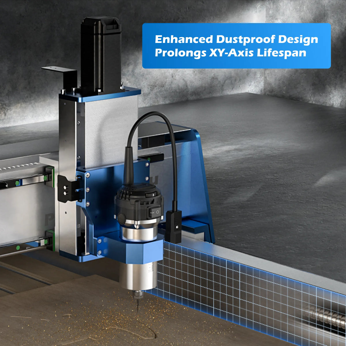 Genmitsu PROVerXL 2×2 CNC Router — 710W — dust-protection and spindle detail
