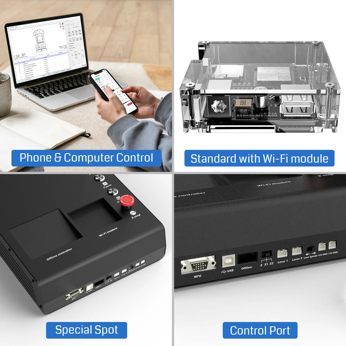 Genmitsu PROVerXL 2×2 CNC Router — 710W — Wi-Fi module, controller ports and app-control illustration