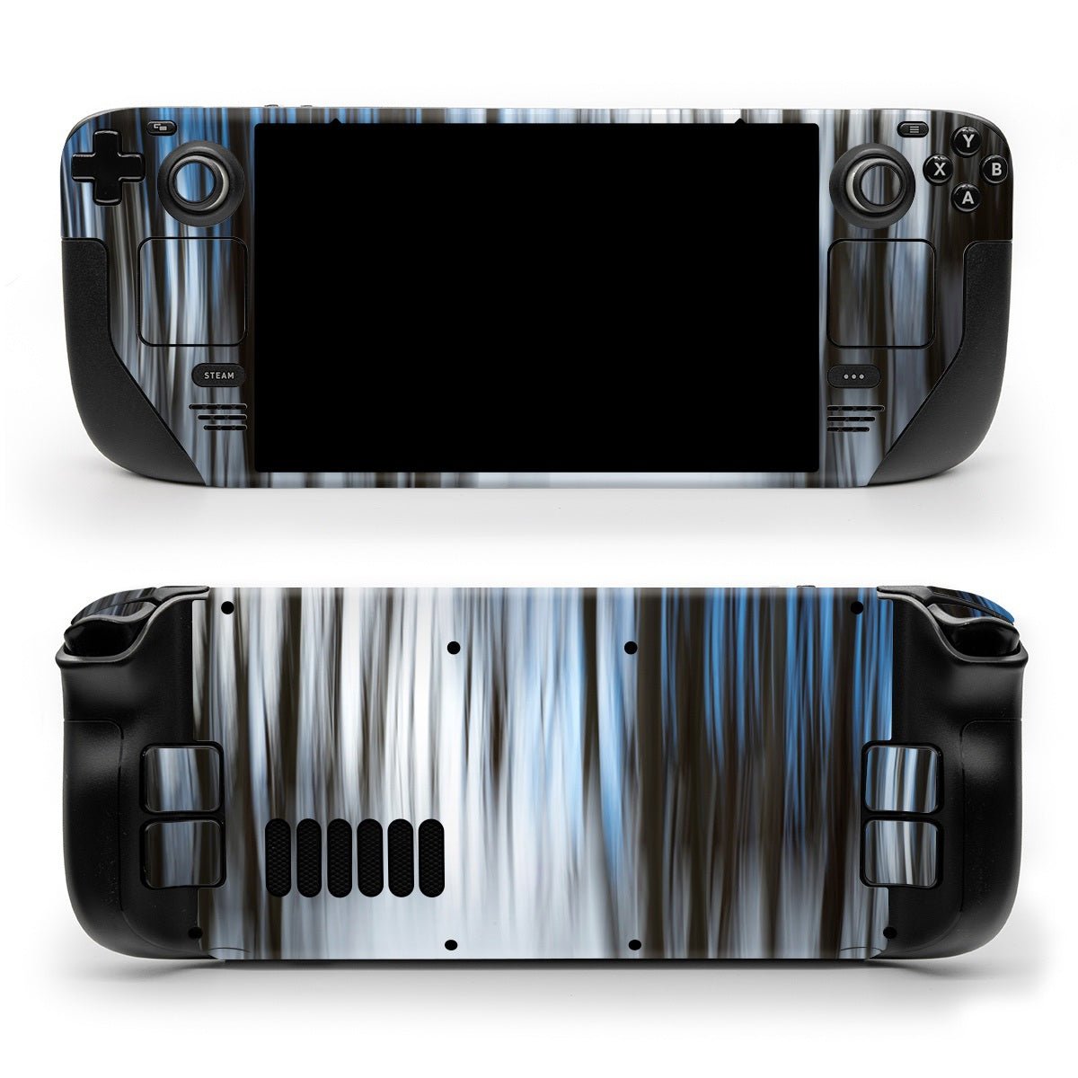 DecalGirl Abstract Forest skin shown on the front and back of a Valve Steam Deck