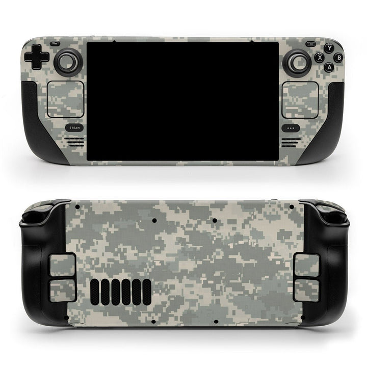 DecalGirl ACU Camo skin shown on the front and back of a Valve Steam Deck