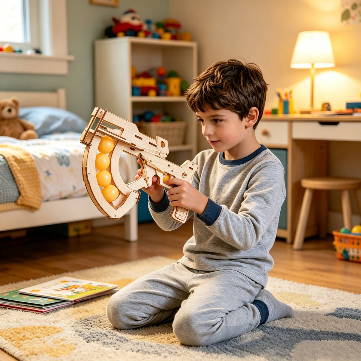 Kitsville Wooden Ball Launcher Engineering Kit — child holding model