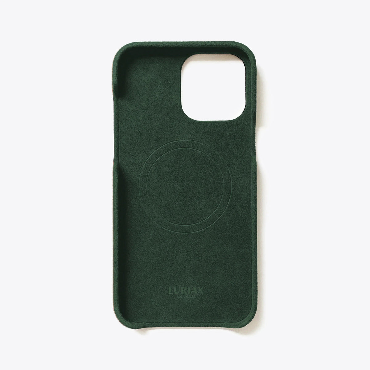 Luriax Minimal iPhone 15 Case — British Racing Green — interior and camera opening