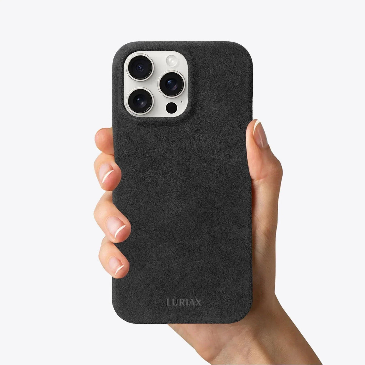 Luriax Minimal iPhone 14 Case — Black Caviar — shown held in a hand